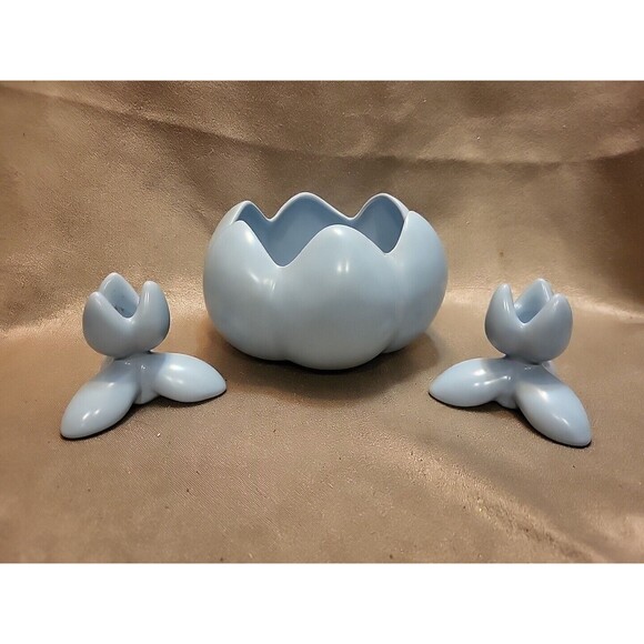 Vintage CAMARK Bowl Planter & 2 Candle Holders Aqua Blue Lotus Flower MCM Retro - Picture 1 of 16